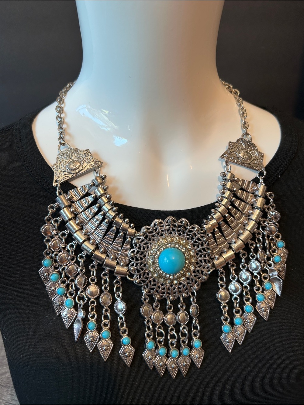 Silver-Tone Bohemian Turquoise Bib Necklace